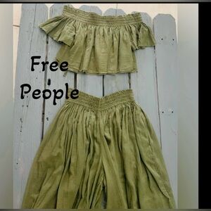 Free People Olive Green Wide Leg Jumpsuit Set